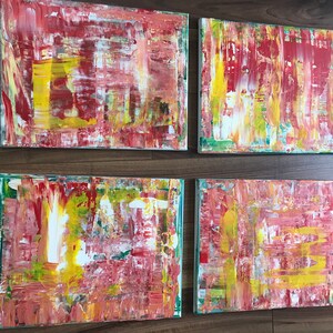 Abstrakt, rot, gelb, Mixed Media Acryl Kunst Leinwände x 4