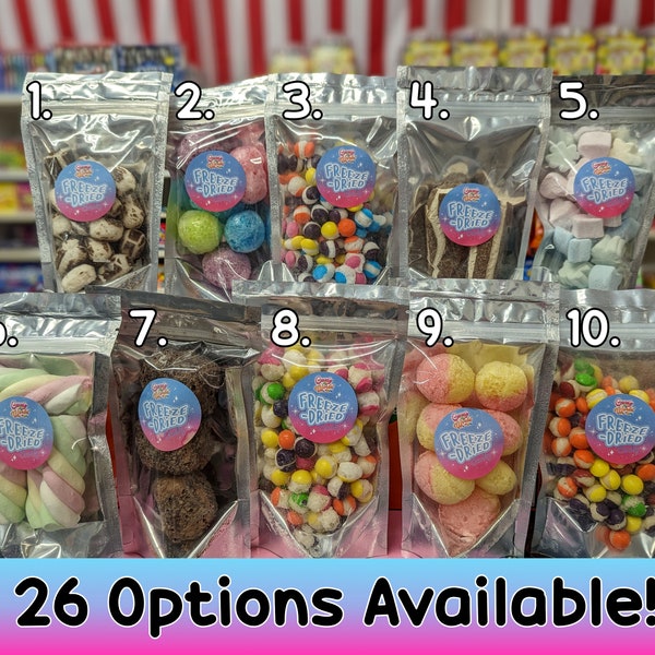 Freeze Dried Candy, Choose you Candy: Skittles, Jolly Ranchers, Eclairs, Peaches, Milkyway, Chewits, Minions, Marshmallow and More!