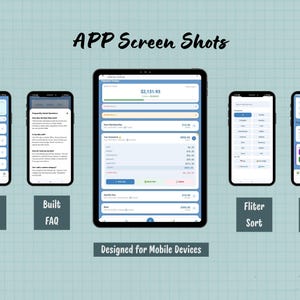 May include: An image showing app screenshots on mobile devices. A tablet and several smartphones are displayed, each showing different app features. Text includes "Bento Menu", "Built FAQ", "Fliter Sort", and "Back Up & Export CSV".
