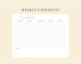 May include: A printable weekly checklist planner with a simple design. The planner has sections for Monday, Tuesday, Wednesday, Thursday, and Friday. Each day has a list of 12 blank lines with circles for checking off tasks. There is also a section for notes at the bottom.