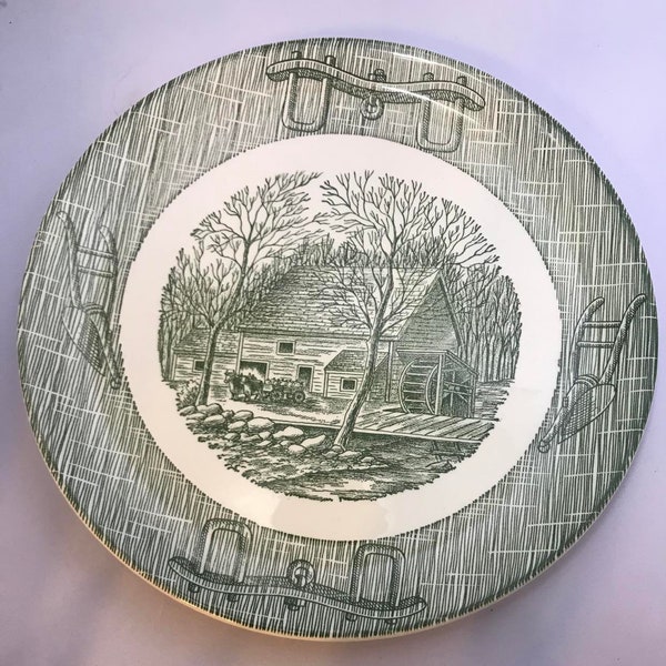 Vintage Currier and Ives China Green Dinner Plate The Old Grist Mill by Royal China.