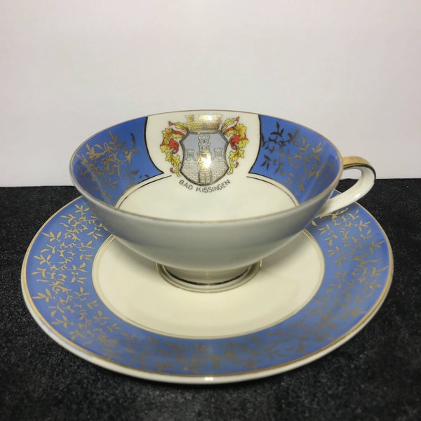 Vintage Tea Cup/ Coffee Mug and Saucer Kunst Hummendorf Kronach,Z&Co tirstchenreuth Bavaria  blue  gold trim  With Castle and Bad Kissengen.