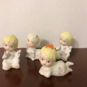 Vintage Bisque Porcelain Piano Babies: Hand Painted Blonde Figurines, Set of 4