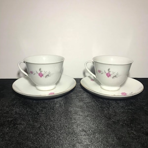 Vintage Tea cups and Saucers a pair of Fine Porcelain by Northridge.With pink roses and silver trim.Mothers Gifts,Grand Victorian Decor.