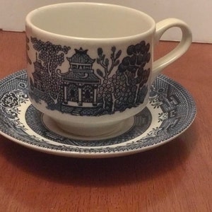 Vintage Victorian Blue Willow Blue and White Cup/mug and Saucer Made by Churchill in England.Chinoiserie Great Table Setting  dinner Party.