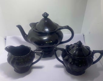 Rococo Noir Elegant black Teapot Creamer and sugar set Dark Academia Gothic