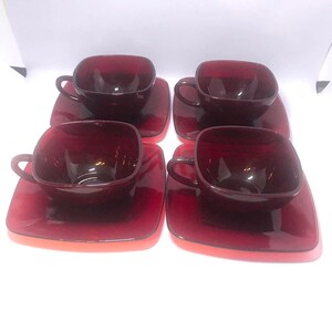 Vintage Fire King Ruby Red Square Cup and Saucer Set - Mid-Century Modern.