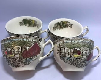 Vintage Johnson Brothers ''The Friendly Village''Set of four Flat Tea cups with Handles.Semi Porcelain colorful English Village Scene.1953