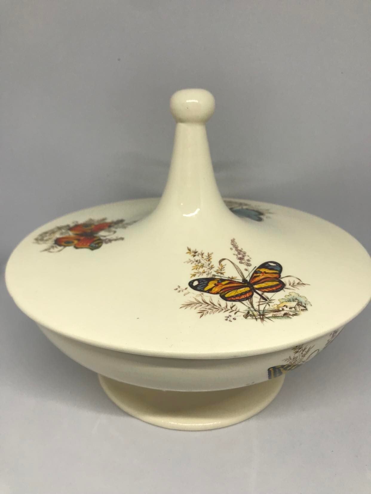 Butterfly Compote Dish Candy Bowl with Lid Ivory color with Beautiful Butterflys on all four sidesBoho for a Mothers Day