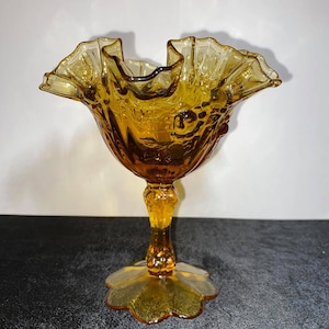 Vintage Fenton Amber Cabbage Rose Ruffled Compote: 1960s Candy Dish