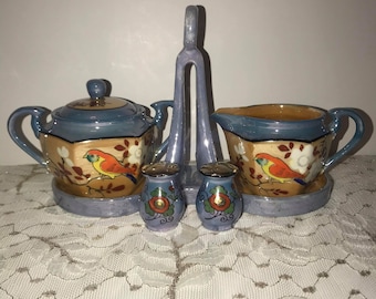 Lusterware Japanse creamer, suiker en shakers: Asian Birds Tablescape