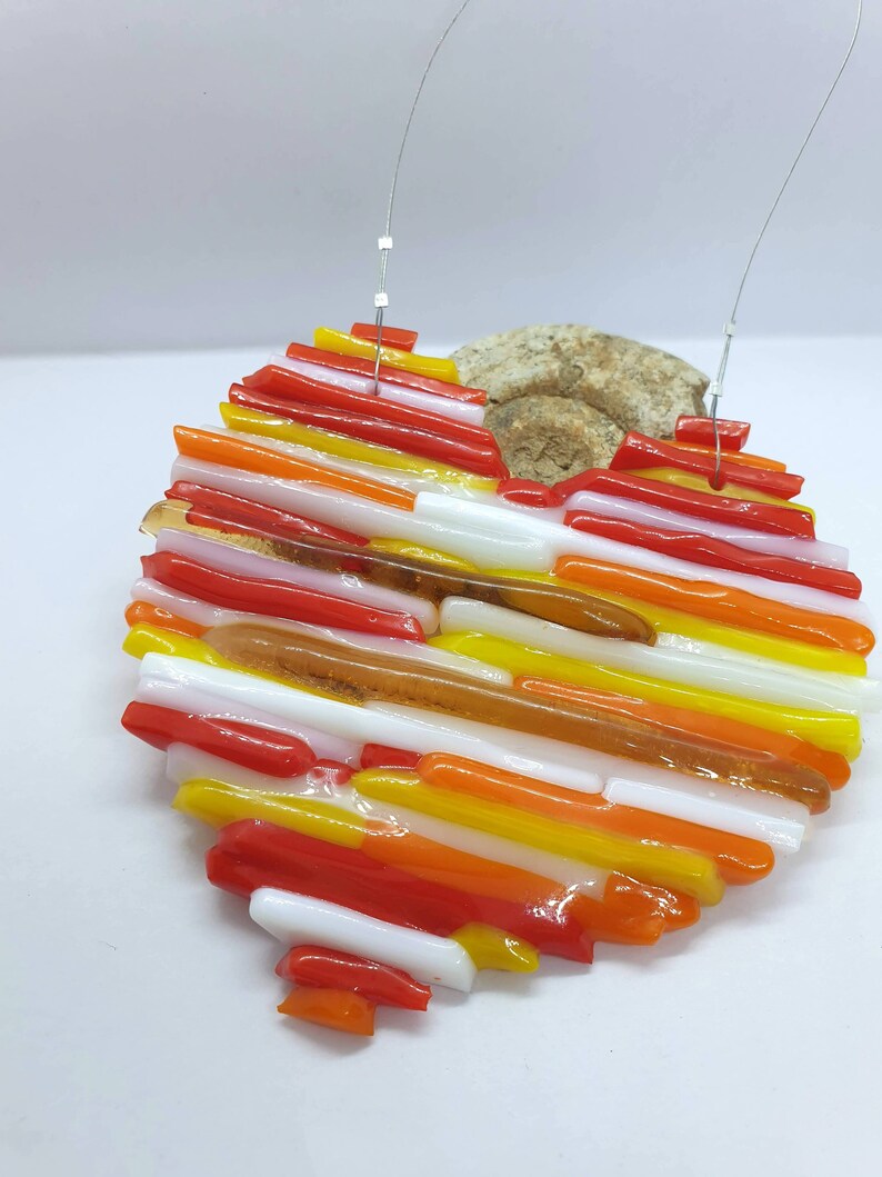 Handmade fused glass retro orange white yellow red heart suncatcher window wall deocration