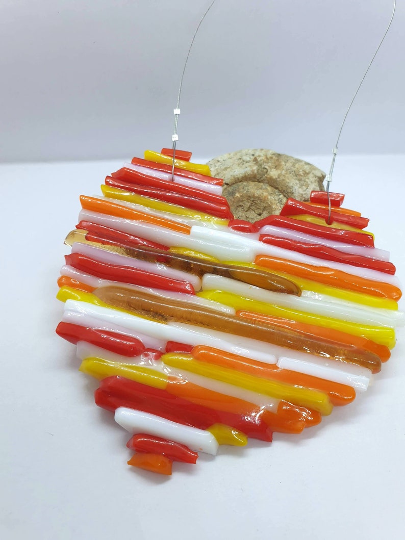Handmade fused glass retro orange white yellow red heart suncatcher window wall deocration