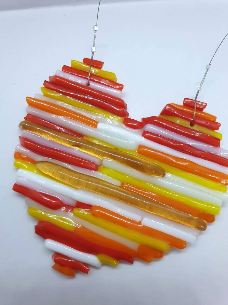 Handmade fused glass retro orange white yellow red heart suncatcher window wall deocration