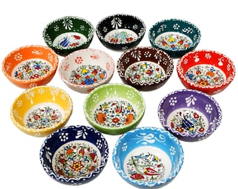 Juego de 12 cuencos de cerámica turca, cuencos coloridos hechos a mano para mezze, pequeños cuencos para salsas y tapas, 8 cm