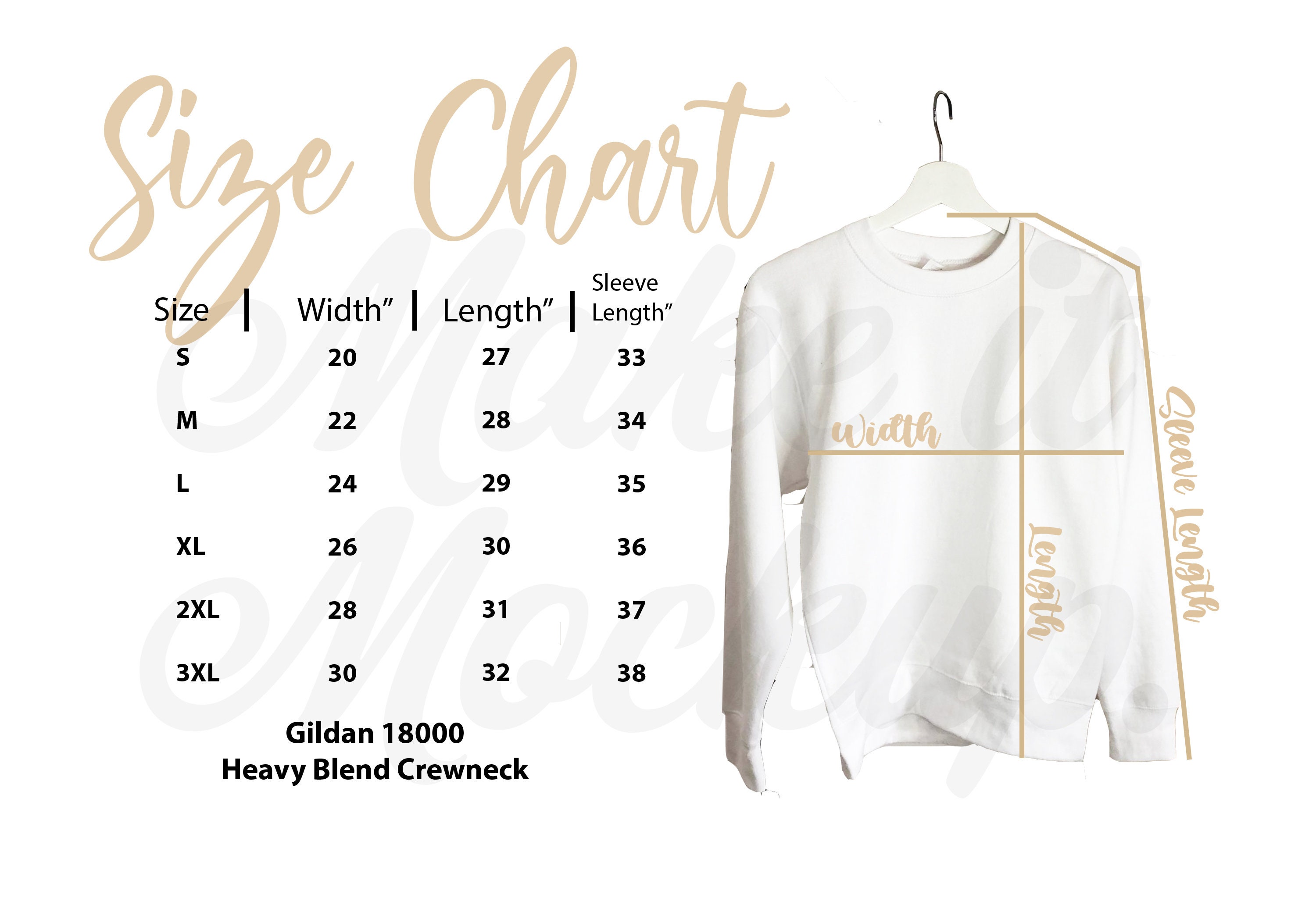 Size Guide Chart Gildan Sand 270GSM Adult Sweatshirt Faux Leather ...