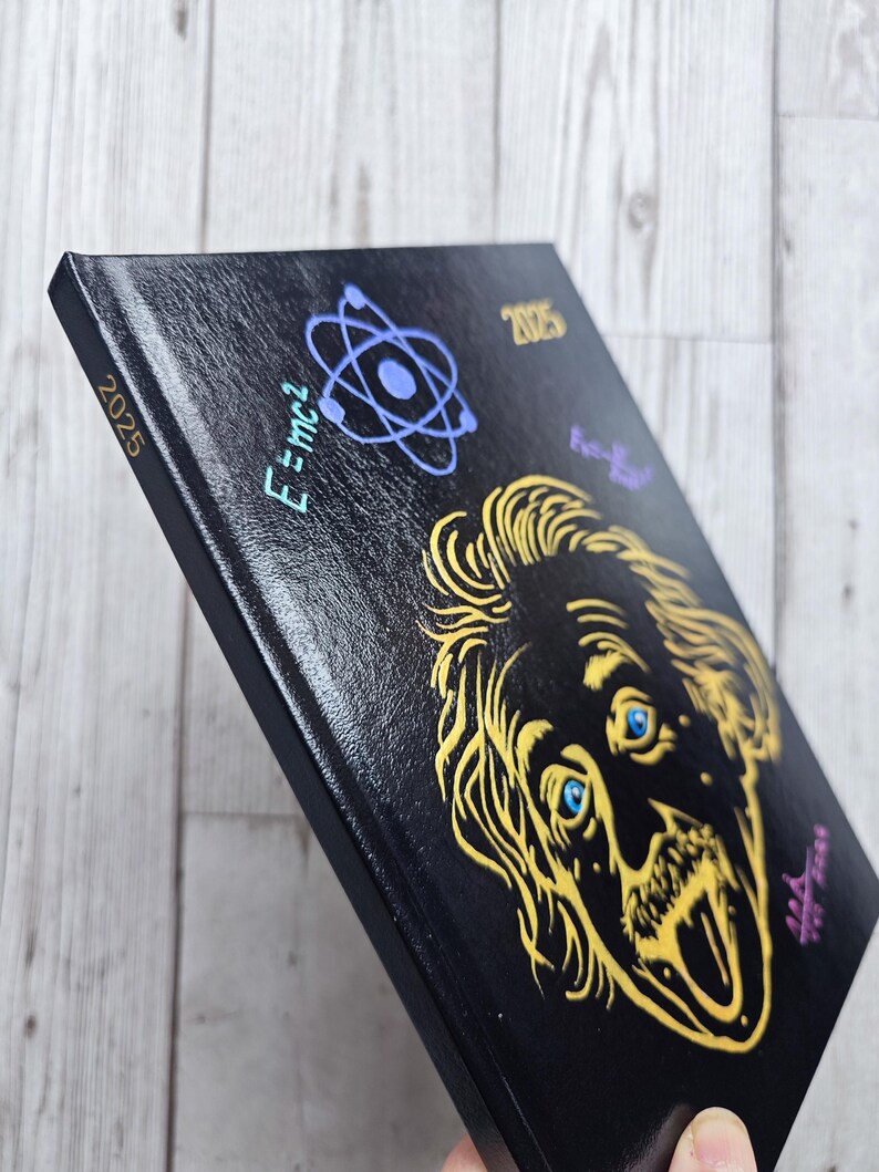 Black A5 Diary 2025, Week to View, Einstein, Dot Acrylic Painting