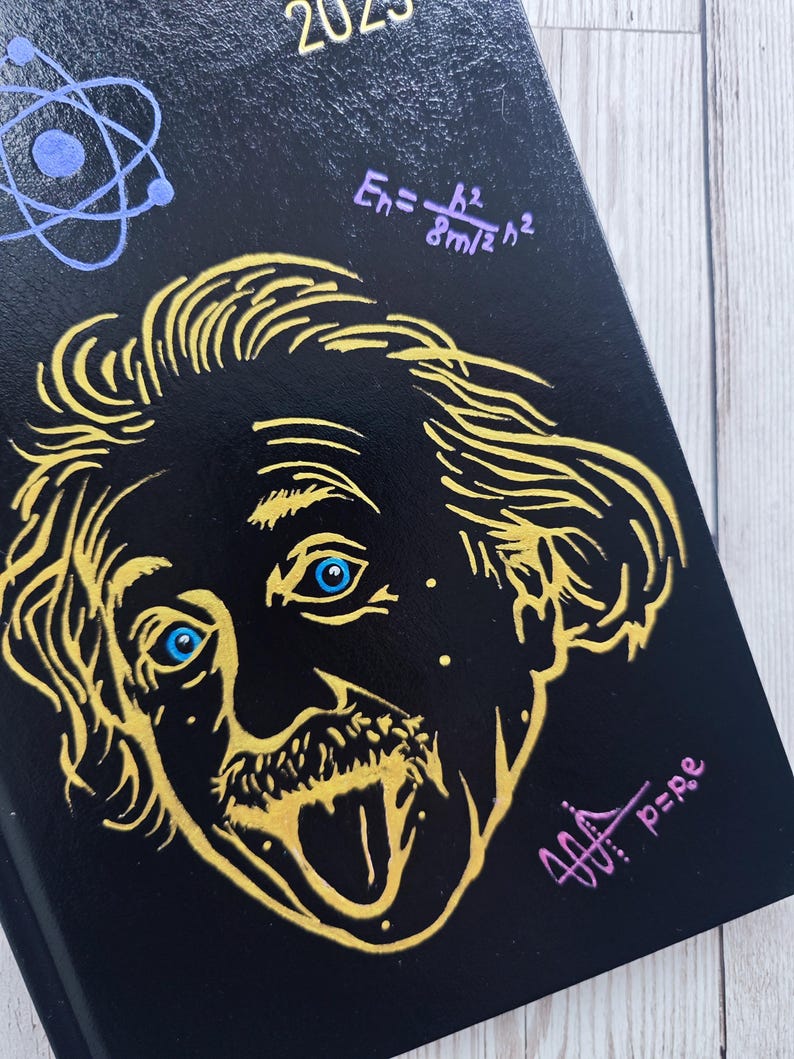 Black A5 Diary 2025, Week to View, Einstein, Dot Acrylic Painting
