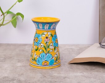 Ceramic Artisan Oil Burner with Floral Design - Yellow | Blue Pottery Technique | Aromatherapy Diffuser