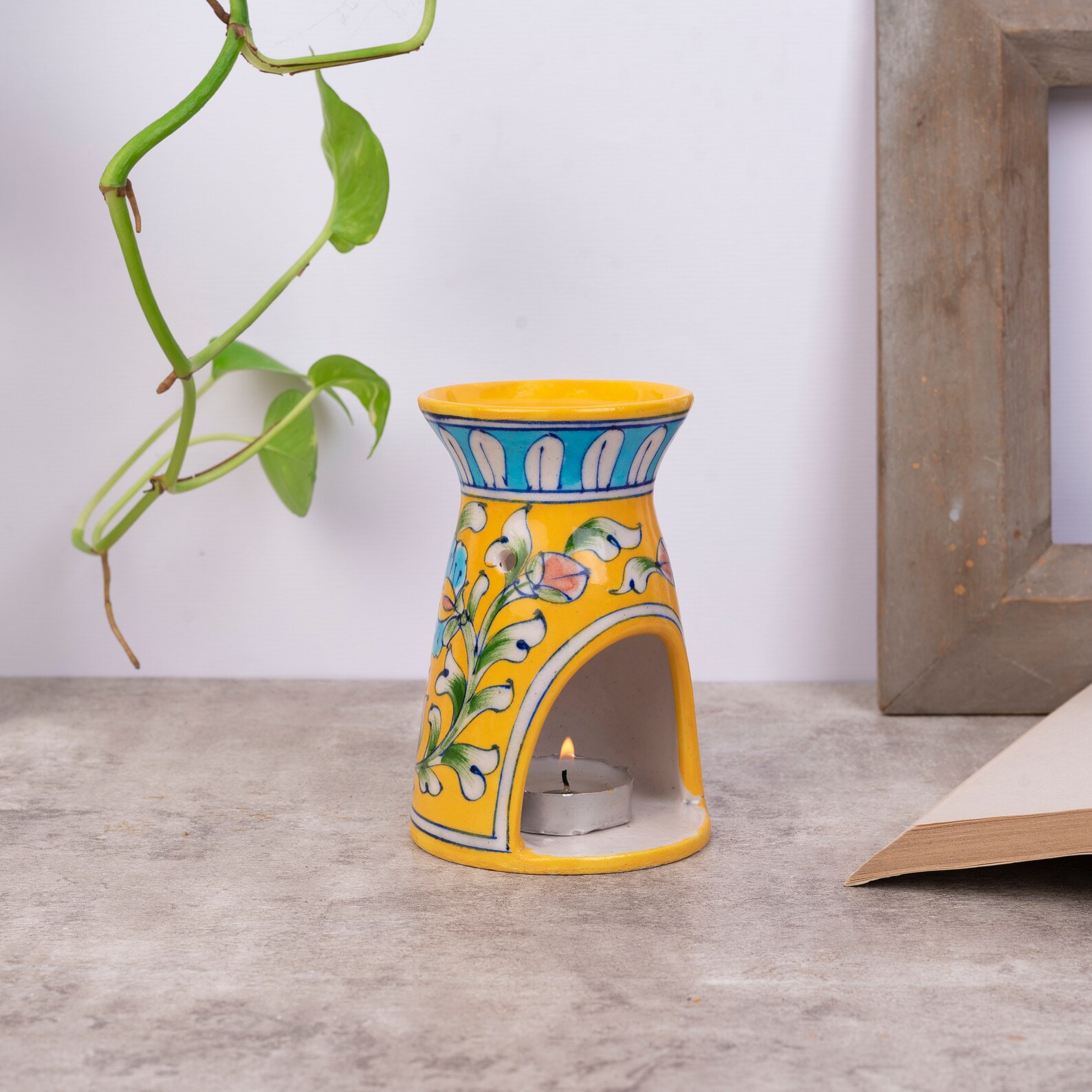 Ceramic Artisan Oil Burner With Floral Design Yellow Blue Etsy UK