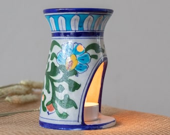 Handmade Essential Oil Burner | Wax Melter | Aromatherapy Diffuser | Floral Design | Blue Pottery Technique Decor | Mother's Day Gift