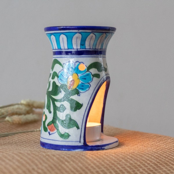 Handmade Essential Oil Burner | Wax Melter | Aromatherapy Diffuser | Floral Design | Blue Pottery Technique Decor | Mother's Day Gift
