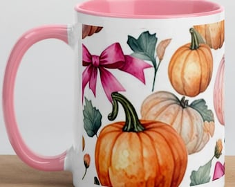 Pumpkin & Bows Pattern Mug| Pink Halloween Mug| Cutesy Pumpkins Mug| Fall Gifts for Her| Coquette Fall Mugs| Fall Themed Mug