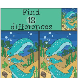 Puede incluir: Ilustración de un rompecabezas de dibujos animados con el texto "Find 12 differences". El rompecabezas muestra dos escenas submarinas similares con narvales azules y blancos. El fondo es azul y beige.