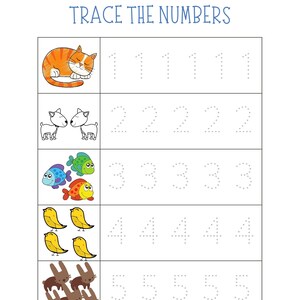May include: A worksheet for kids to practice tracing the numbers 1 through 5. Each number is repeated five times. The worksheet features a cat, two dogs, three fish, four birds, and five rabbits.