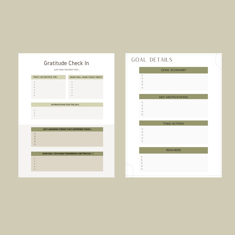 May include: A printable gratitude and goal setting worksheet with sections for listing things you are grateful for, affirmations, amazing things that happened today, and how to make tomorrow better. The second page has sections for goal summary, key motivations, take action, and rewards.