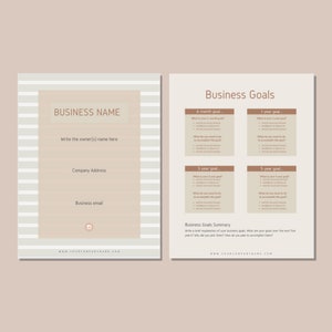 May include: A beige and brown business goal planner template with the text "Business Goals" at the top. The template includes sections for 6-month, 1-year, 3-year, and 5-year goals. There is also a section for a business goals summary.