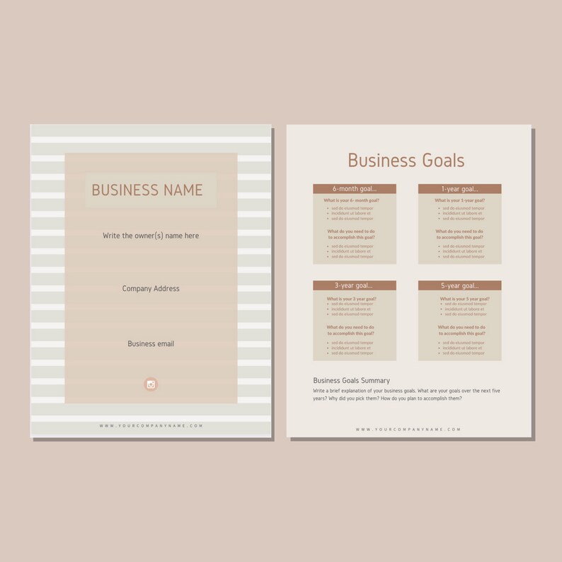 May include: A beige and brown business goal planner template with the text "Business Goals" at the top. The template includes sections for 6-month, 1-year, 3-year, and 5-year goals. There is also a section for a business goals summary.