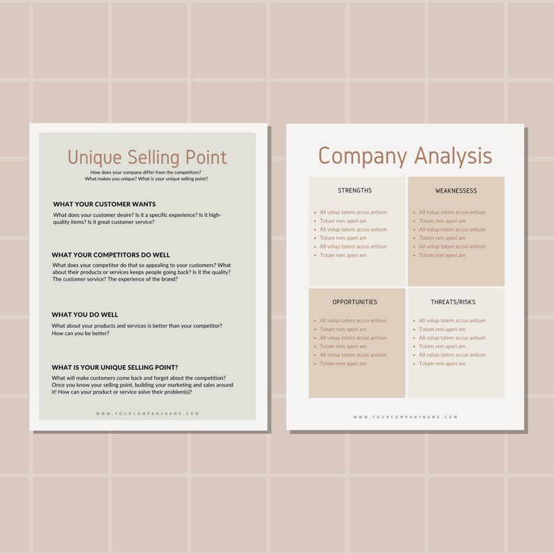 May include: A white and brown document with the title "Unique Selling Point" and "Company Analysis". The document is divided into sections with headings such as "What Your Customer Wants", "What Your Competitors Do Well", "What You Do Well", "What Is Your Unique Selling Point", "Strengths", "Weaknesses", "Opportunities", and "Threats/Risks".