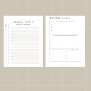 May include: A printable goal setting worksheet with two sections: Annual Goals and Personal Goals. The Annual Goals section has a checklist and numbered lines for writing down goals. The Personal Goals section has prompts for setting personal goals, including what to learn, what to try, books to read, and things to improve.