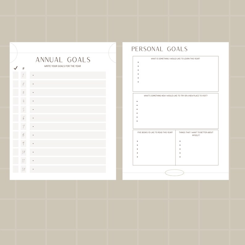 May include: A printable goal setting worksheet with two sections: Annual Goals and Personal Goals. The Annual Goals section has a checklist and numbered lines for writing down goals. The Personal Goals section has prompts for setting personal goals, including what to learn, what to try, books to read, and things to improve.