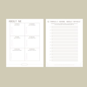 May include: A printable worksheet with a black and white design. The worksheet is divided into two sections. The left section is titled "About Me" and has four boxes for listing strengths, weaknesses, passions, core values, motivations, and inspirations. The right section is titled "12 Things I Adore About Myself" and has 12 lines for listing positive attributes.