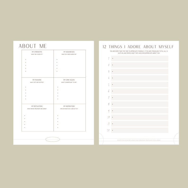 May include: A printable worksheet with a black and white design. The worksheet is divided into two sections. The left section is titled "About Me" and has four boxes for listing strengths, weaknesses, passions, core values, motivations, and inspirations. The right section is titled "12 Things I Adore About Myself" and has 12 lines for listing positive attributes.