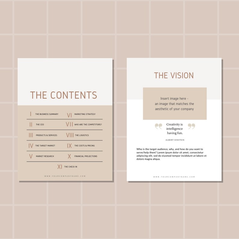 May include: A beige and brown business plan template with the title "The Contents" and a list of business plan topics. The second page has the title "The Vision" and a quote by Albert Einstein: "Creativity is intelligence having fun."