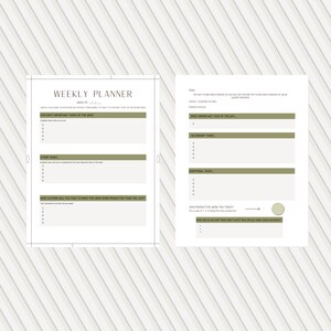 May include: A weekly planner with a green and white striped background. The planner is divided into two sections, one for the week and one for the day. The week section includes a list of five most important tasks, other tasks, and what actions will be taken to make the week more productive. The day section includes a list of the most important task of the day, secondary tasks, additional tasks, and how productive the day was. The planner also includes a section for what was done well and what didn't work.
