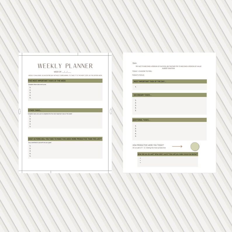 May include: A weekly planner with a green and white striped background. The planner is divided into two sections, one for the week and one for the day. The week section includes a list of five most important tasks, other tasks, and what actions will be taken to make the week more productive. The day section includes a list of the most important task of the day, secondary tasks, additional tasks, and how productive the day was. The planner also includes a section for what was done well and what didn't work.