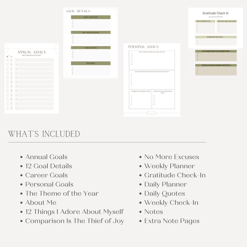 May include: A printable planner with a green and white colour scheme. The planner includes sections for annual goals, goal details, career goals, personal goals, the theme of the year, about me, 12 things I adore about myself, comparison is the thief of joy, no more excuses, weekly planner, gratitude check-in, daily planner, daily quotes, weekly check-in, notes, and extra note pages.