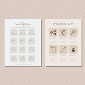 May include: A printable worksheet with a calendar grid for each month of the year. The worksheet is titled "Seasonal Ideas" and includes the text "Write any seasonal ideas you have for your services/products". The worksheet is next to a second printable worksheet titled "Products/Services" with six icons representing different products or services.