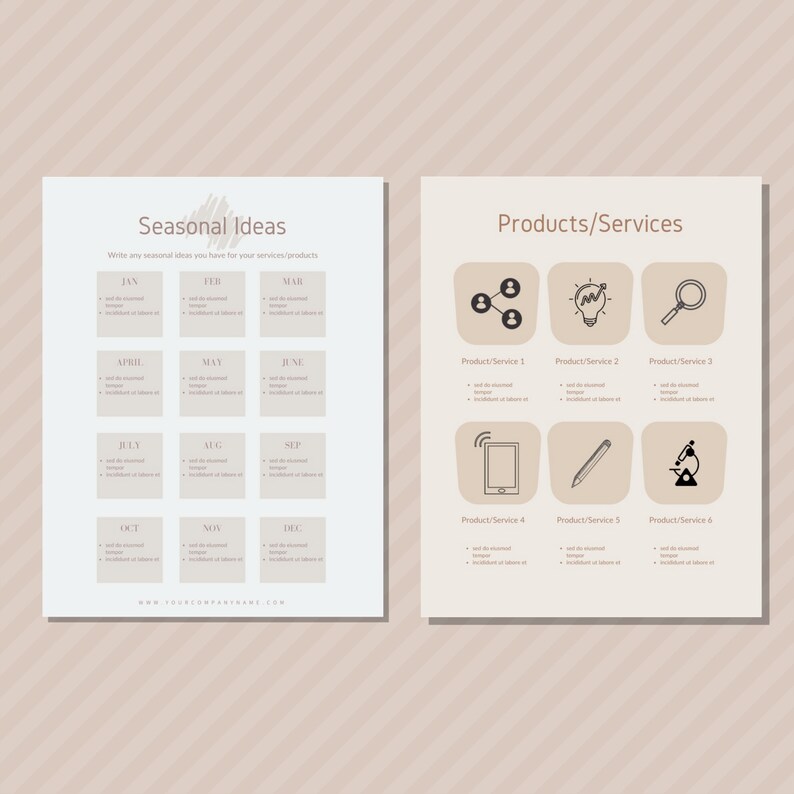 May include: A printable worksheet with a calendar grid for each month of the year. The worksheet is titled "Seasonal Ideas" and includes the text "Write any seasonal ideas you have for your services/products". The worksheet is next to a second printable worksheet titled "Products/Services" with six icons representing different products or services.