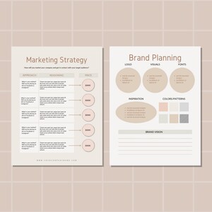 May include: A printable worksheet with a pink and white color scheme. The worksheet is divided into two sections: Marketing Strategy and Brand Planning. The Marketing Strategy section includes a table with columns for Approach, Reasoning, and Price. The Brand Planning section includes sections for Logo, Visuals, Fonts, Inspiration, Colors/Patterns, and Brand Vision.