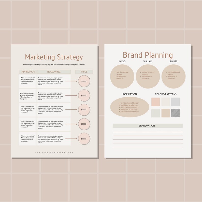 May include: A printable worksheet with a pink and white color scheme. The worksheet is divided into two sections: Marketing Strategy and Brand Planning. The Marketing Strategy section includes a table with columns for Approach, Reasoning, and Price. The Brand Planning section includes sections for Logo, Visuals, Fonts, Inspiration, Colors/Patterns, and Brand Vision.