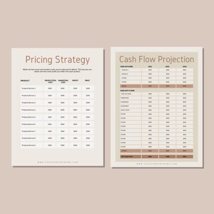 May include: A beige and brown printable worksheet with the title "Pricing Strategy" and a table with columns for product, production cost, marketing cost, profit, and price. The worksheet also includes a section titled "Cash Flow Projection" with a table for cash in-flows and cash out-flows.