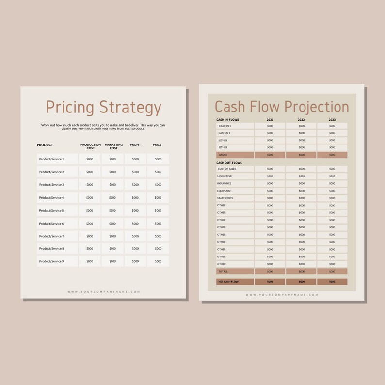 May include: A beige and brown printable worksheet with the title "Pricing Strategy" and a table with columns for product, production cost, marketing cost, profit, and price. The worksheet also includes a section titled "Cash Flow Projection" with a table for cash in-flows and cash out-flows.
