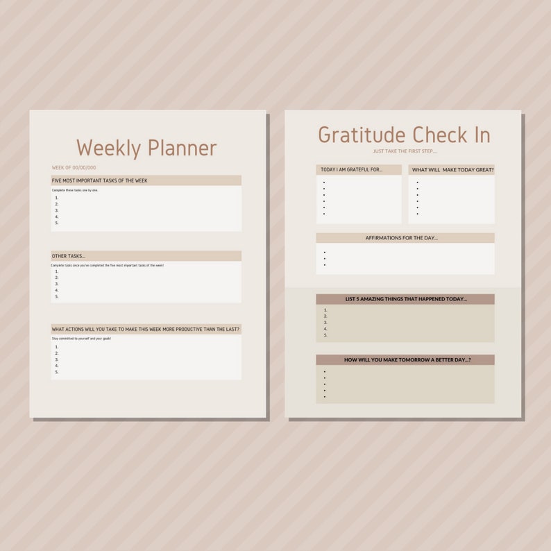 May include: A printable weekly planner and gratitude check-in sheet with sections for listing tasks, affirmations, and things to be grateful for. The planner has a beige background with brown stripes.