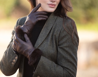 Sasha. Women's Fur Cuffed Cashmere Lined Leather Gloves