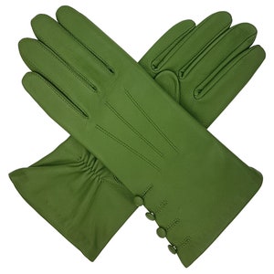 Kate. Women's Silk Lined Button Leather Gloves Green